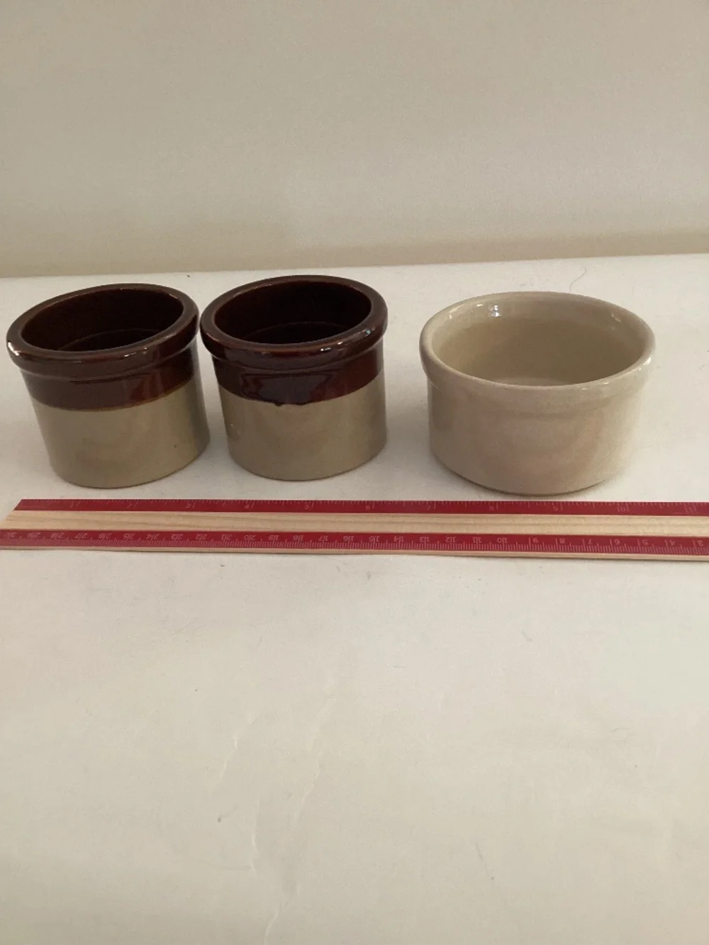 Set of 3 mini crocks.  Roseville Pottery and Brown ware
